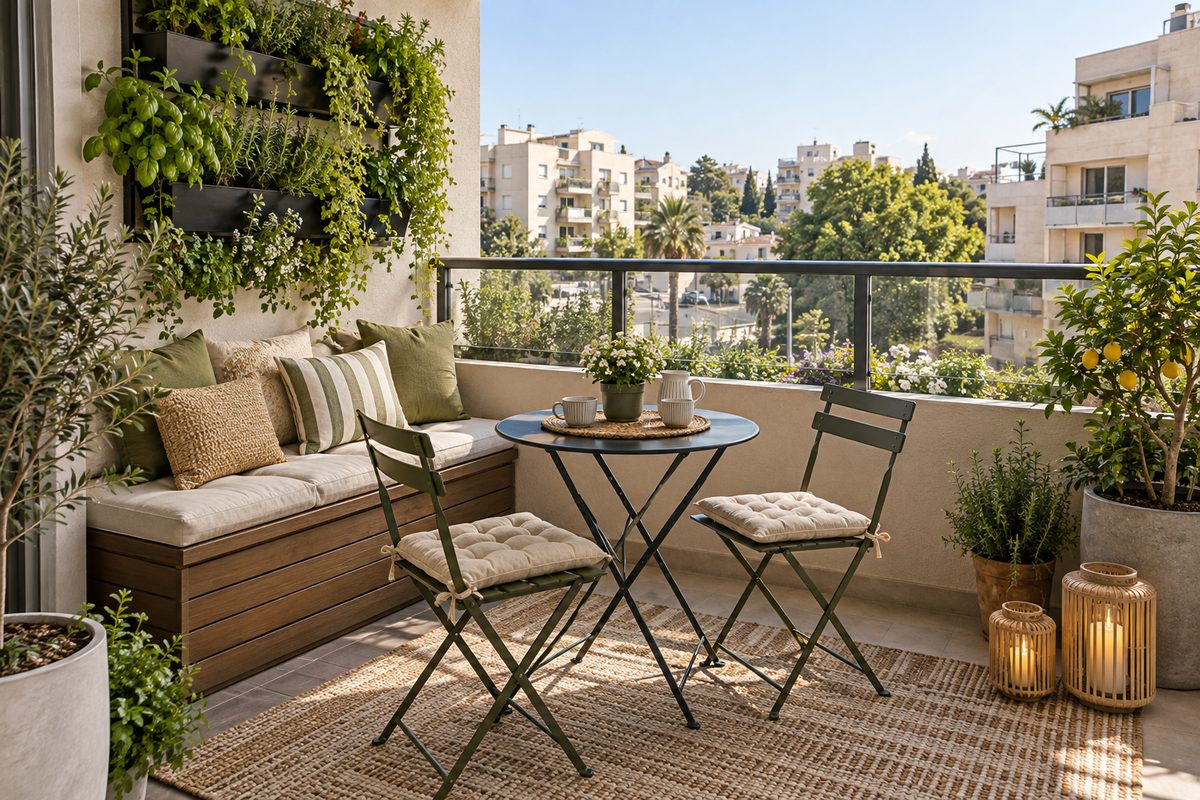 מרפסת מעוצבת עם שולחן לשניים, ספסל בנוי וקיר תבלינים
